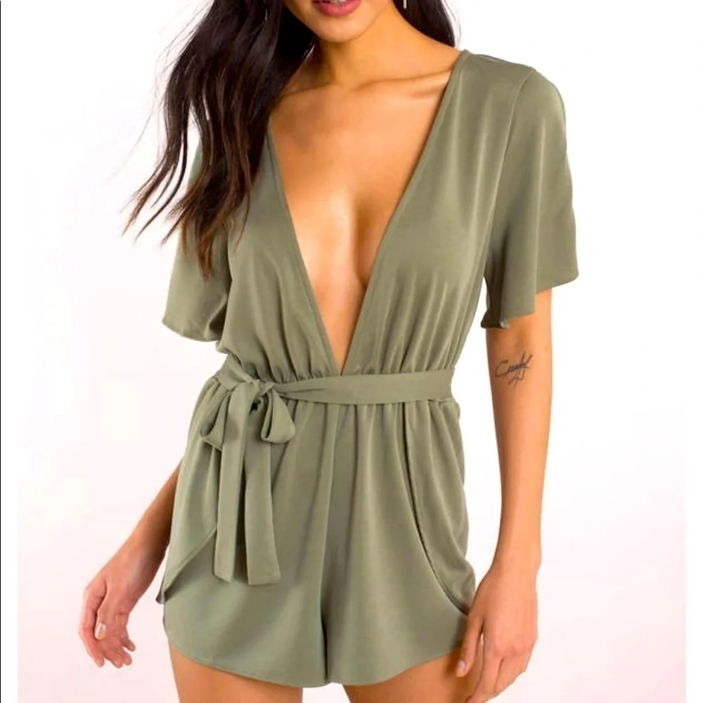 TOBI SETTING FIRES PLUNGING ROMPER IN OLIVE L